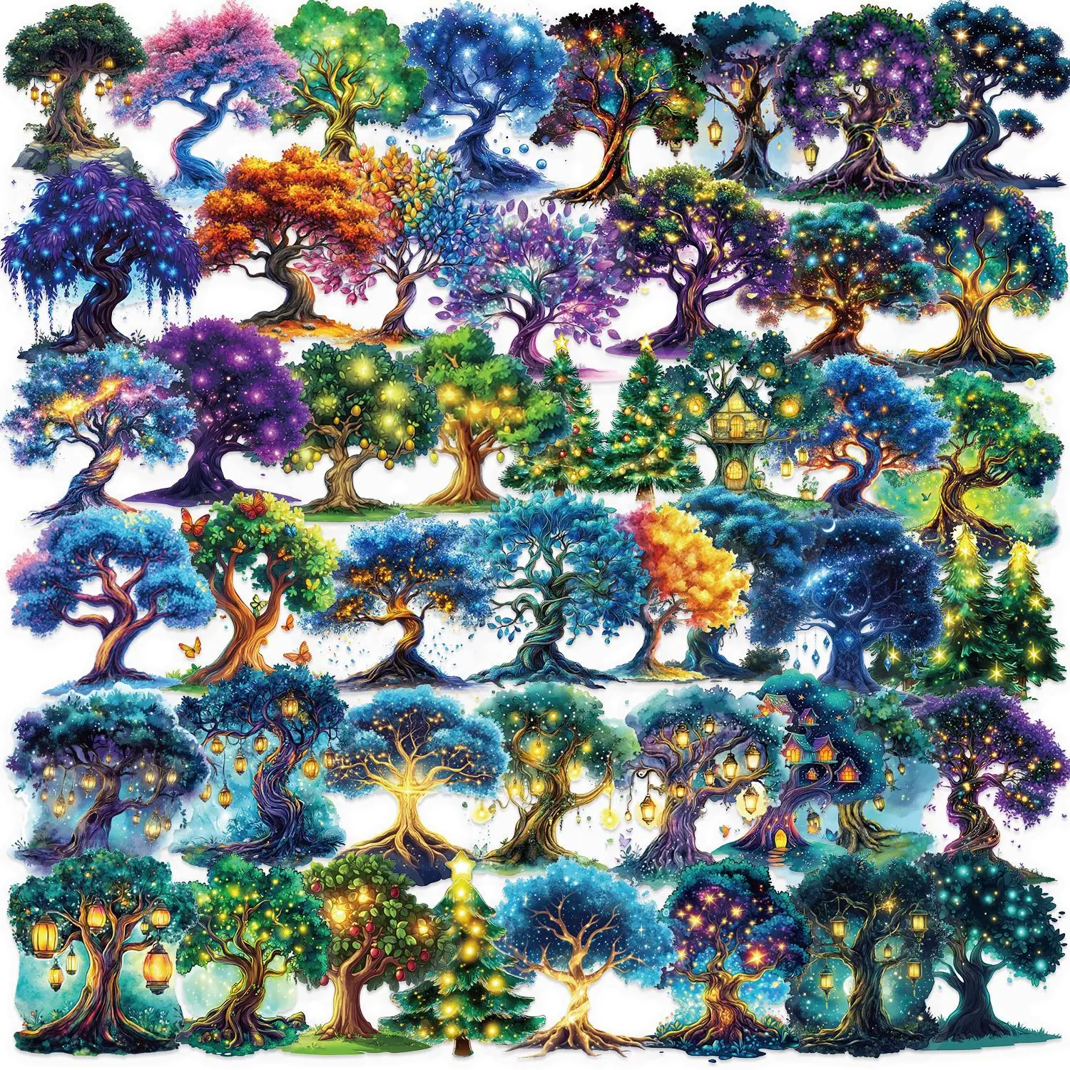 50pcs Transparent Cartoon Magic Tree Graffiti Stickers Waterproof Diy Decals For Phone Laptop Ipad Notebook Water Bottle Decor