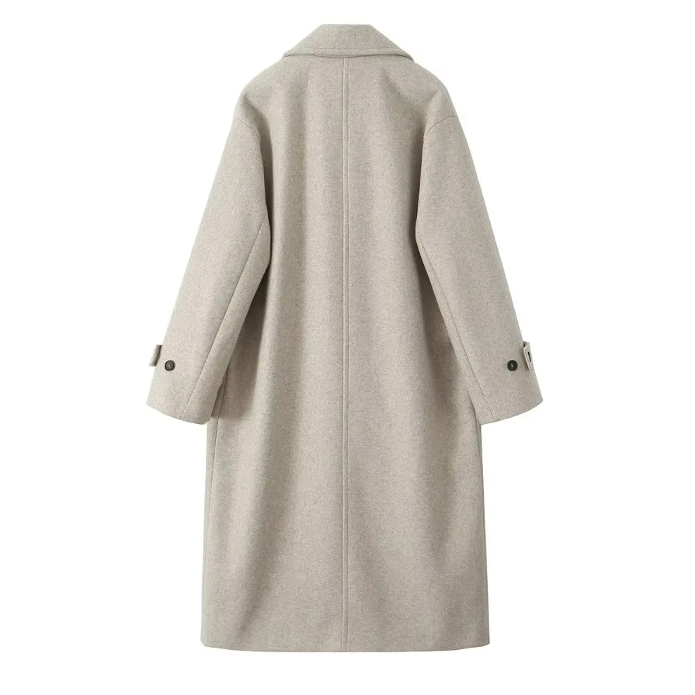 TRAF ZR Normcore Wool & Blends Coats Notched Lapel Collar Elegant Loose Coat Long Sleeves with Buttoned Tabs Slouchy Outerwears