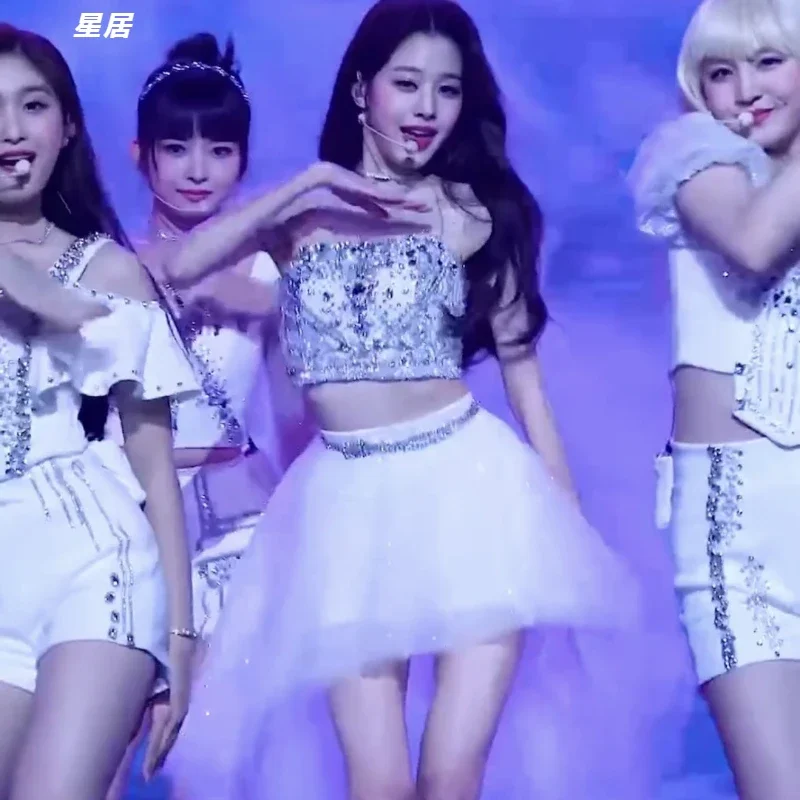 Kpop Korean Singer Y2K Concert Outfits Women Sexy Lace Sling Vest Crop Tops Jazz Dance Wear Mesh Skirt Stage Performance Costume