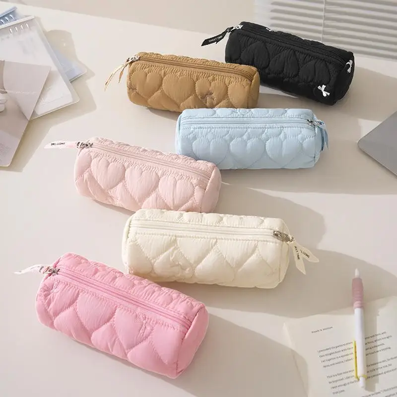Cute Large Capacity Pen Bag Quilted Portable Pencil Case: Candy Color Soft Stationery Student Gifts