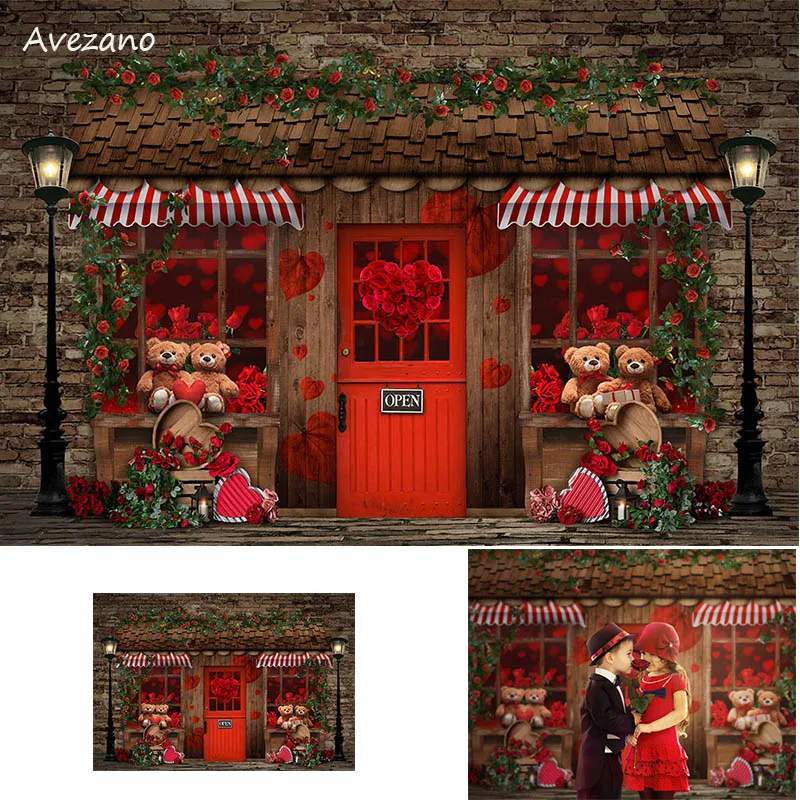 Avezano Valentine's Day Backgrounds for Photography Romantic Bear Rose Flower Shop Kids Portrait Backdrop Photo Studio Props