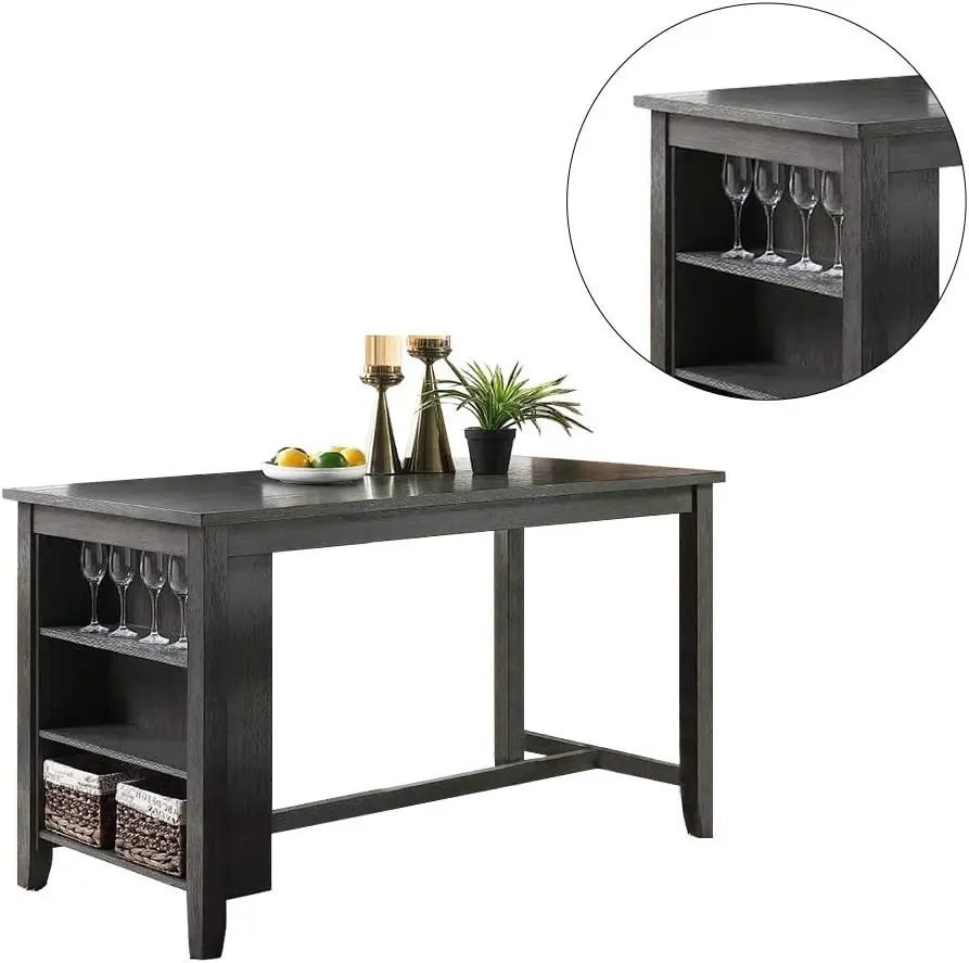 Modern Gray Wash Finish 5pc Counter Height High Dining Table w Storage Shelves 4x High Chairs Wooden Kitchen Breakfast Table Din