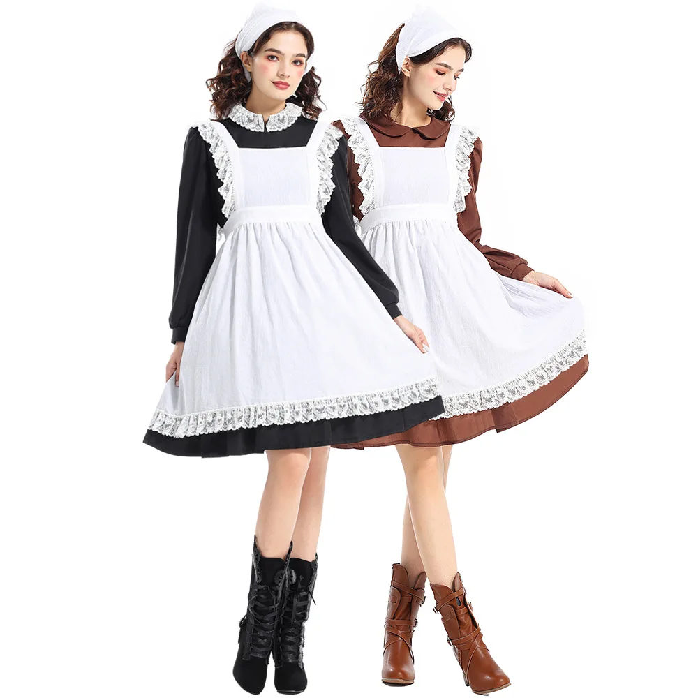 

Cute Maid Cosplay Costumes Adult Women Brown Black Victorian Dress Lace White Apron Headband Halloween Carnival Party Costume