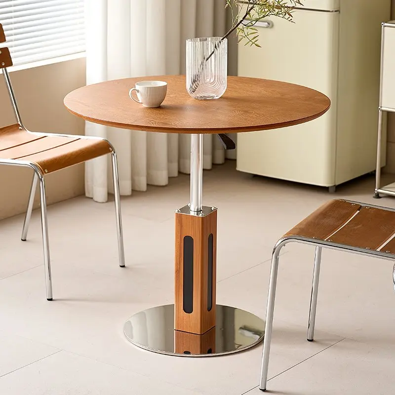 #Vintage Bauhaus-style Wooden Round Solid Wood Adjustable Height Dining Table For Home Hotel Coffee & Tea Use Antique Appearance