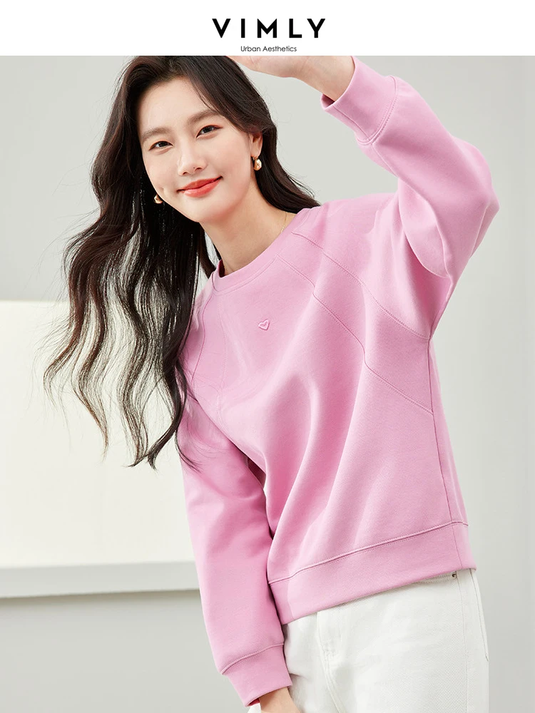 Vimly-mulheres em torno do pescoço camisolas de manga comprida, rosa, algodão, bordado, casual, moda, primavera, m6025, 2024