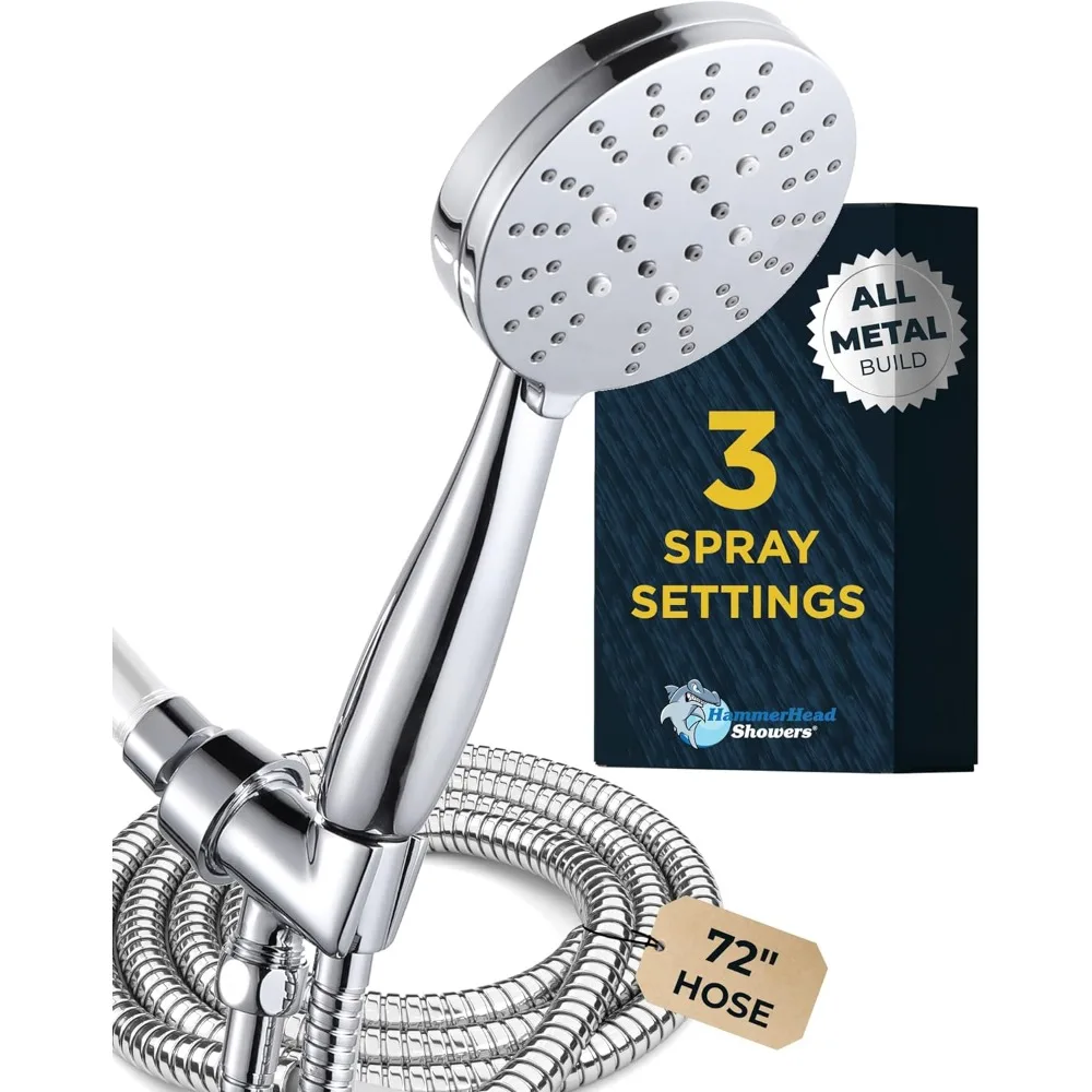 

ALL METAL 3-Spray Handheld Shower Head with Long Hose and Holder CHROME - 2.5 GPM High Pressure Shower Head, and MIST Sprays