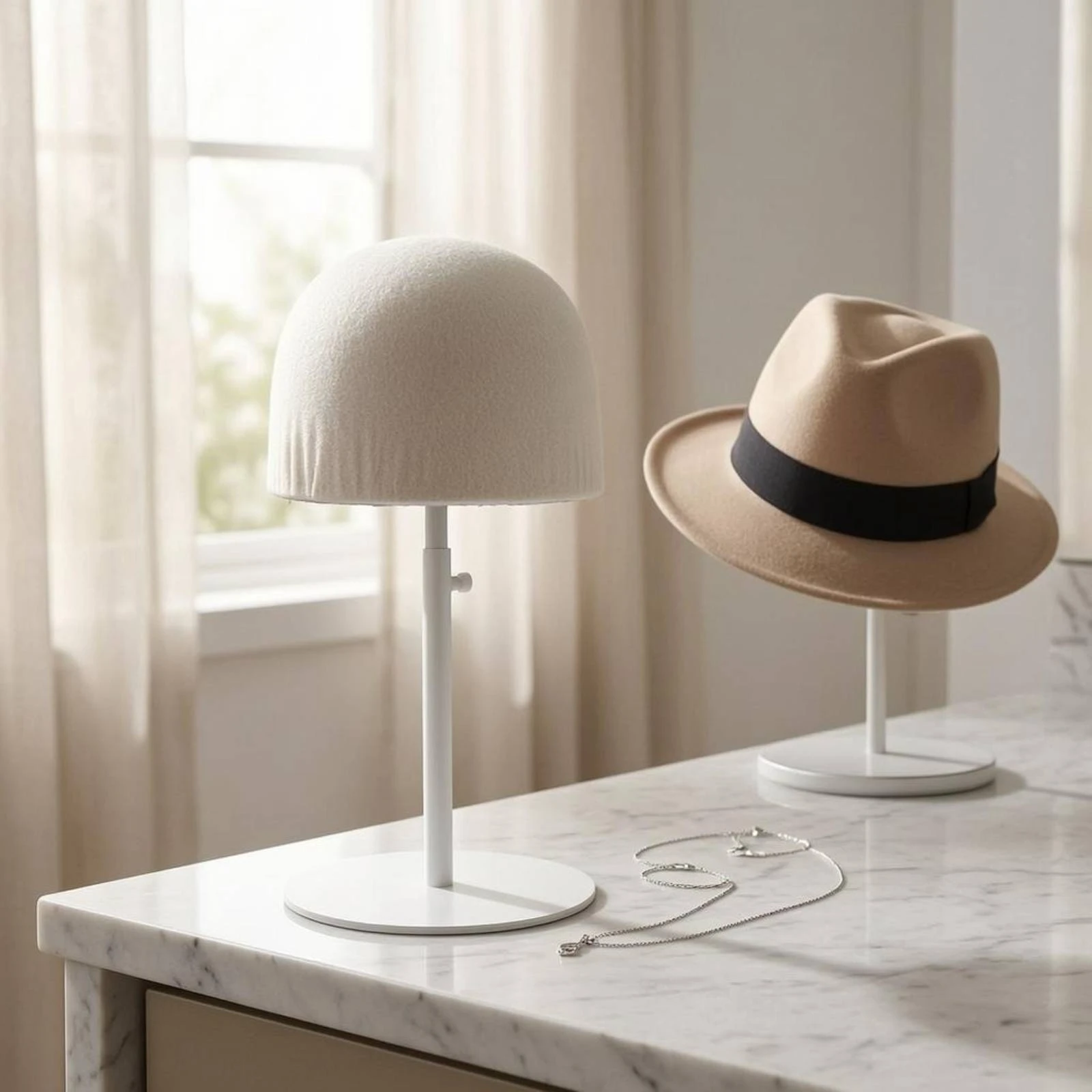 Adjustable Hat Display Stand White Base Textile-Covered Hat Form Space Saving Easy to Organize
