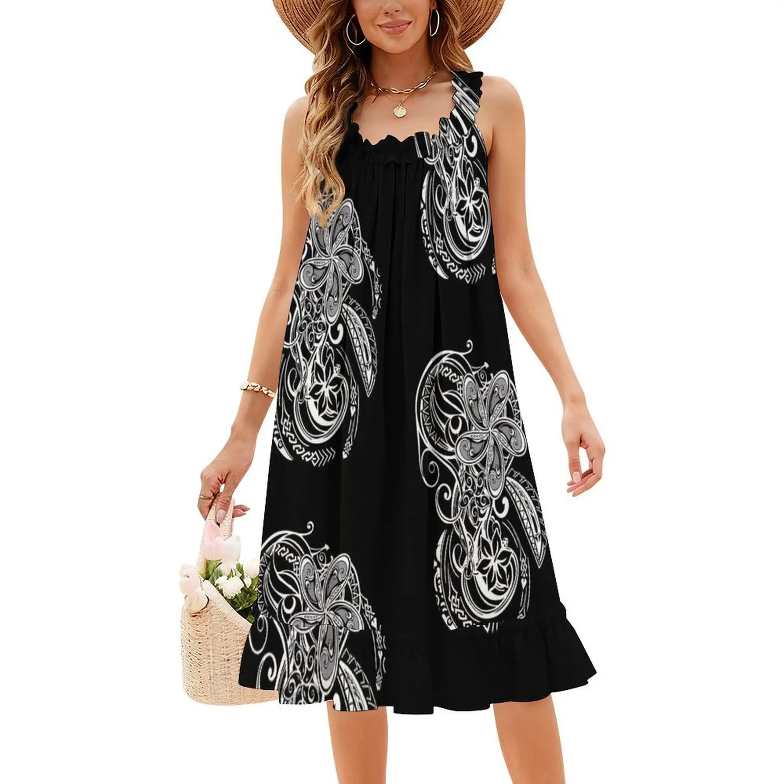 هاواي أبيض وأسود القبلية المواضيع الأزهار سموك فستان للنساء الربيع الصيف فستان كاجوال للحزب هاواي ساموا #4