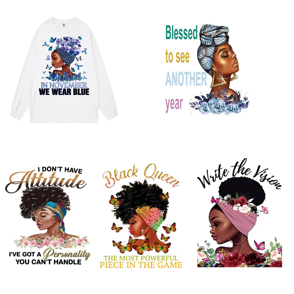 Fashion Lady DIY DTF Press Printing transfer for T-Shirts Pillows Waterproof Black Girl Queen Iron-On Sticker For Clothes Bags