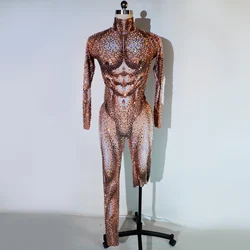 Sexy Men Jumpsuit Shining Pearl Nude Muscle Rhinestones Stage Wear Birthday Dance Wear Stretch Outfit Celebrate clothing