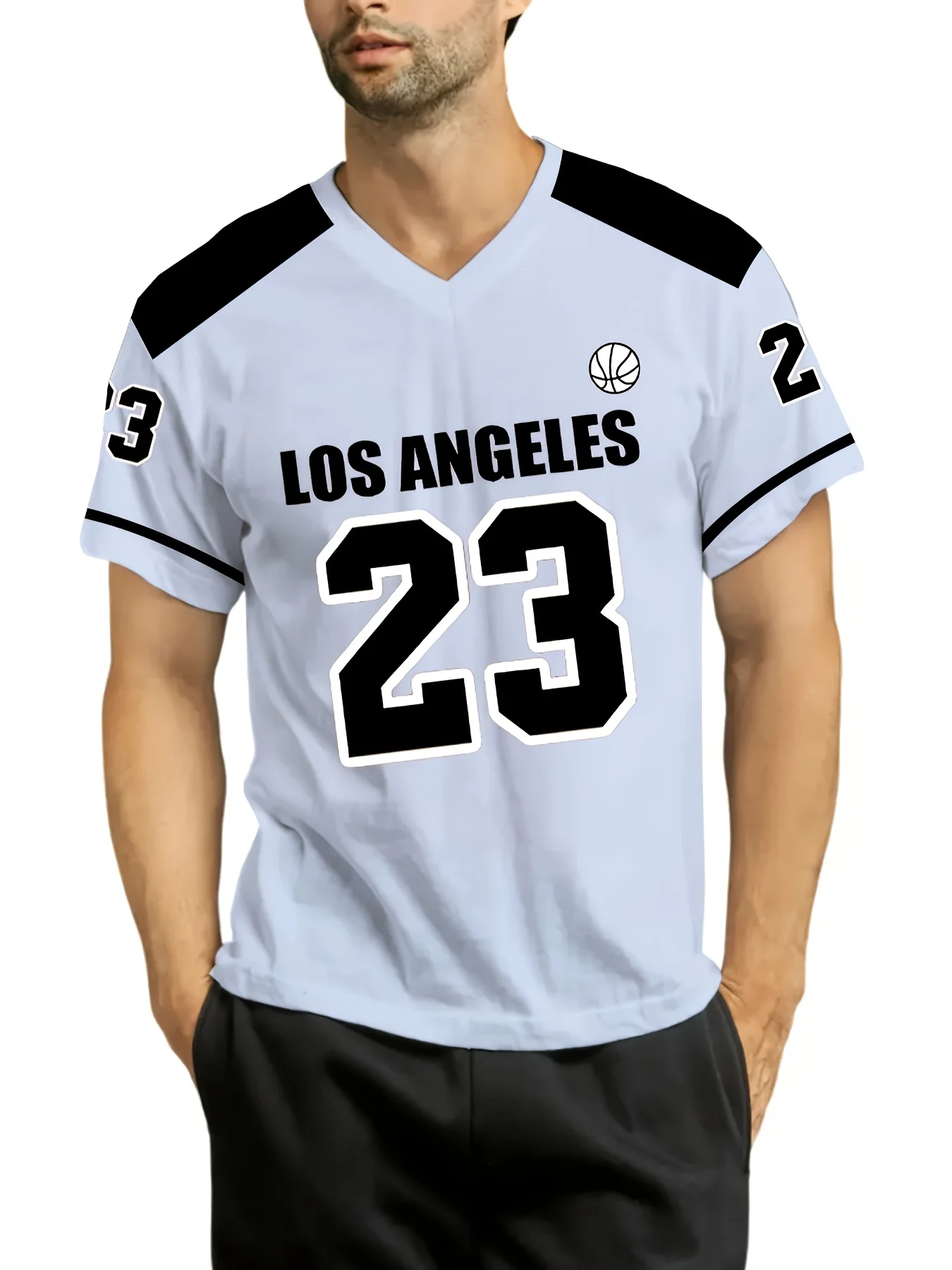 تي شيرت لوس أنجلوس 23 لكرة السلة للرجال برقبة على شكل حرف V وأكمام قصيرة كاجوال ورياضي بطباعة رقمية #5