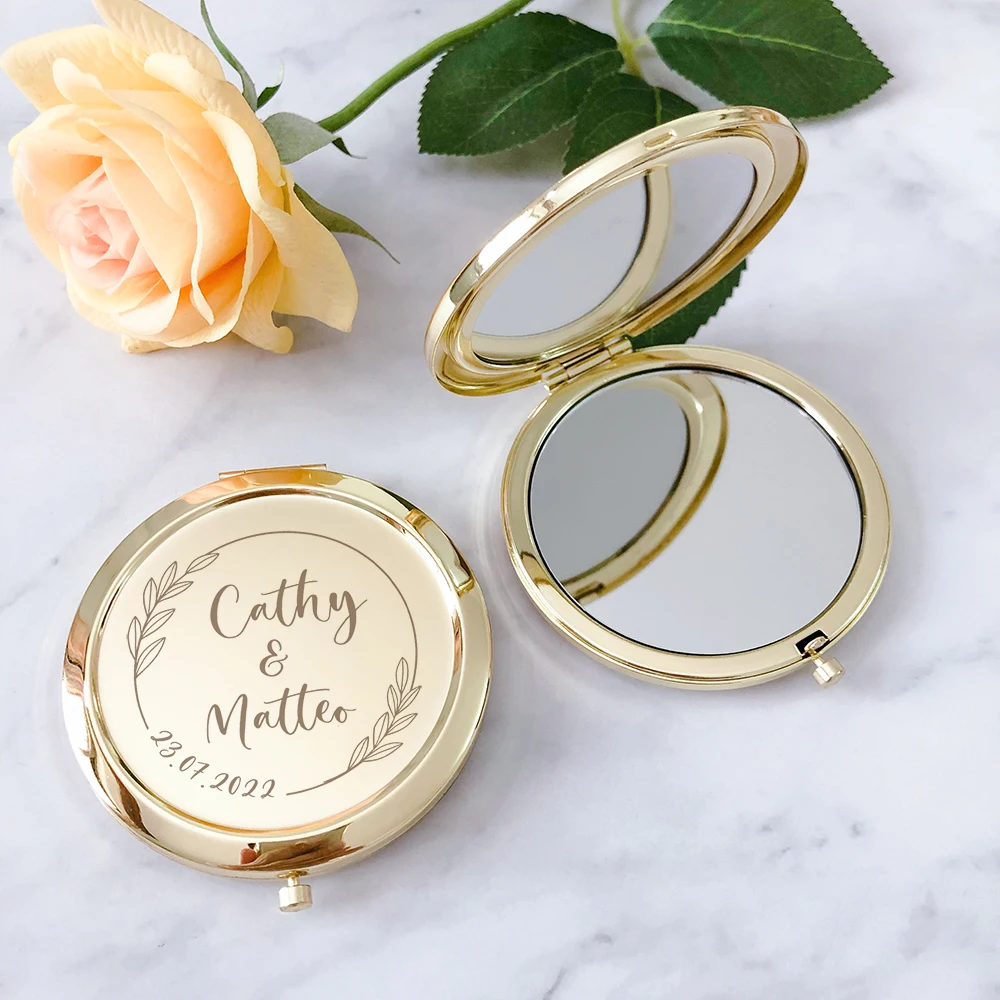 

Wedding Favors Personalized Golden Compact Mirrors Wedding Souvenirs for Guests Women Pocket Makeup Mirrors Wedding Guest Gifts