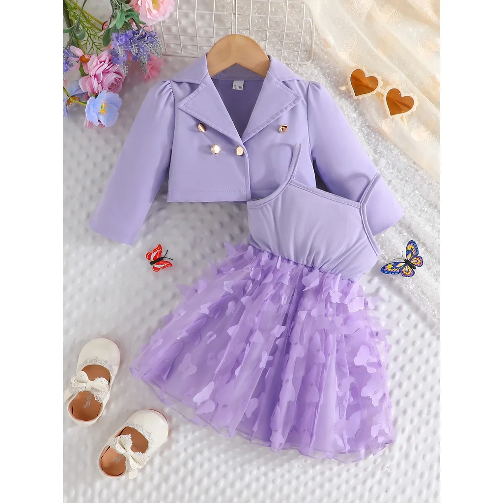 2Pcs/Set For Baby Girl 1 -5Years old Long Sleeve Button Top Suspender Butterfly Tulle Skirt Princess Dresses Outfit Clothing Set