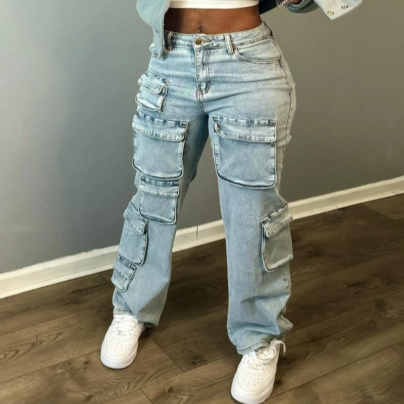 2025 Spring Multi Pockets Denim Cargo Pants Women Fashion Button Fly High Waist Causal Jeans Straight Trousers Streetwear Bottom