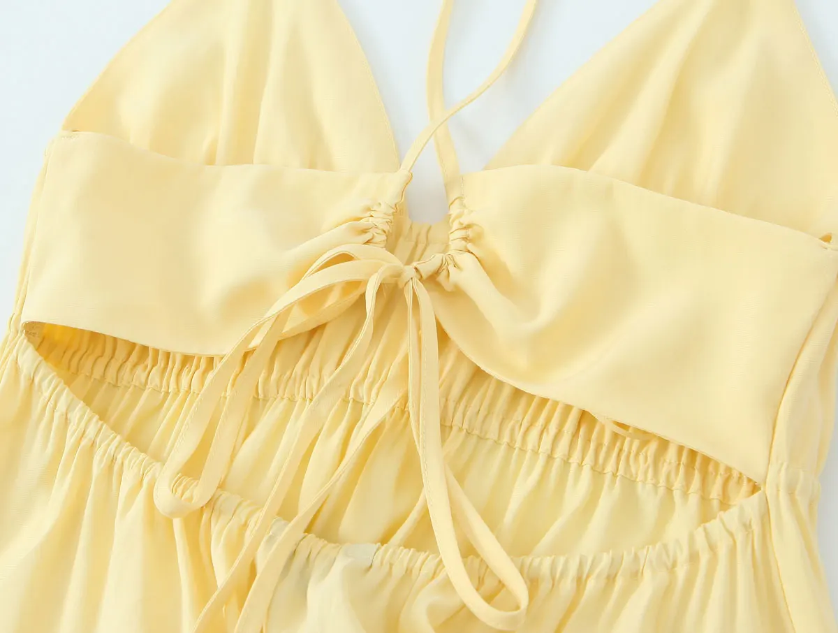 Casual zomerjurk voor dames V-hals rugloze losse midi-jurken Vakantie strandstijl Chique elegante sexy vrouw gele jurk