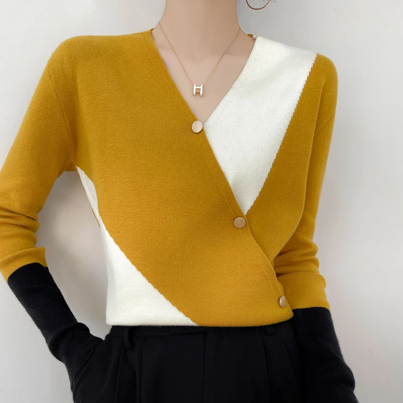 Women Cashmere Sweater V-neck Autumn and Winter Color blocked fake cardigan Knitted Cashmere Sweaters Women
