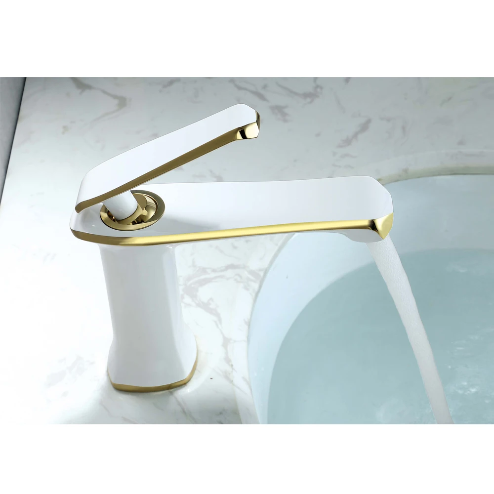 

Single Handle Solid Brass Deck Mounted Basin Faucets Golden And White Finished Hot And Cold Water Bathroom Tap