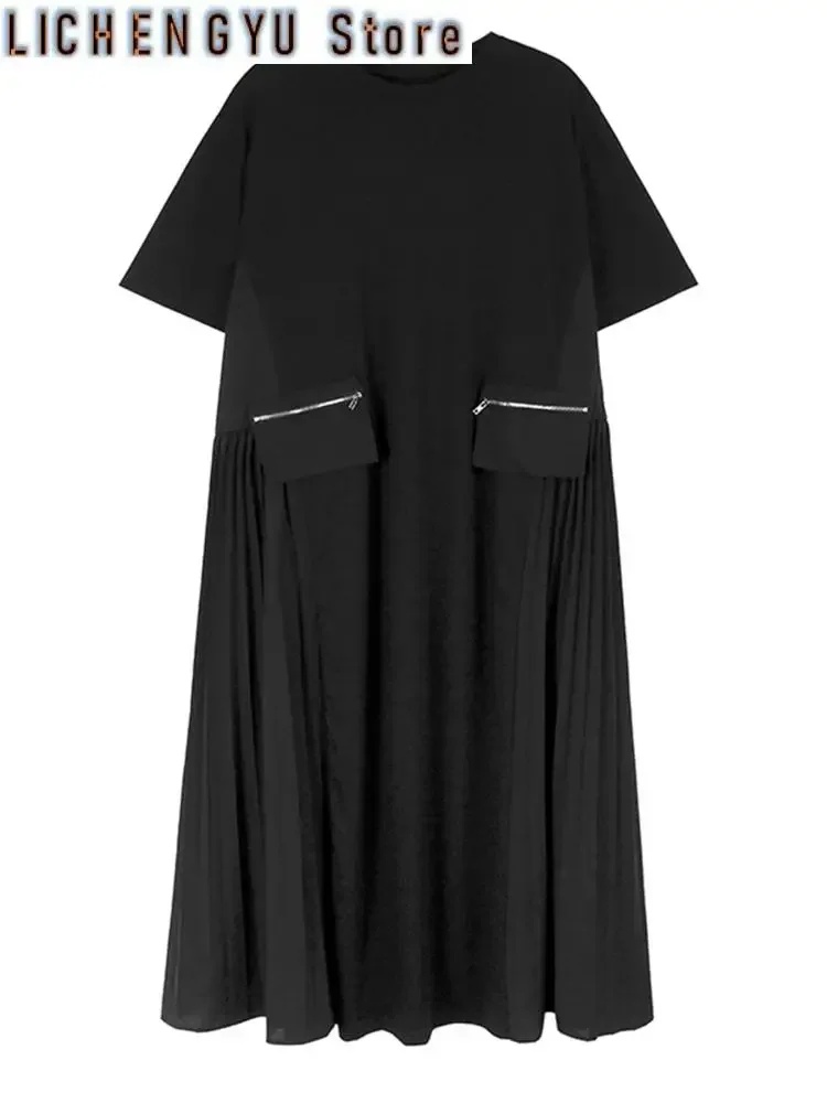 

Women Gray Pocket Zipper Pleated Big Size Midi Dress New Round Neck Short Sleeve Fashion Tide Spring Summer