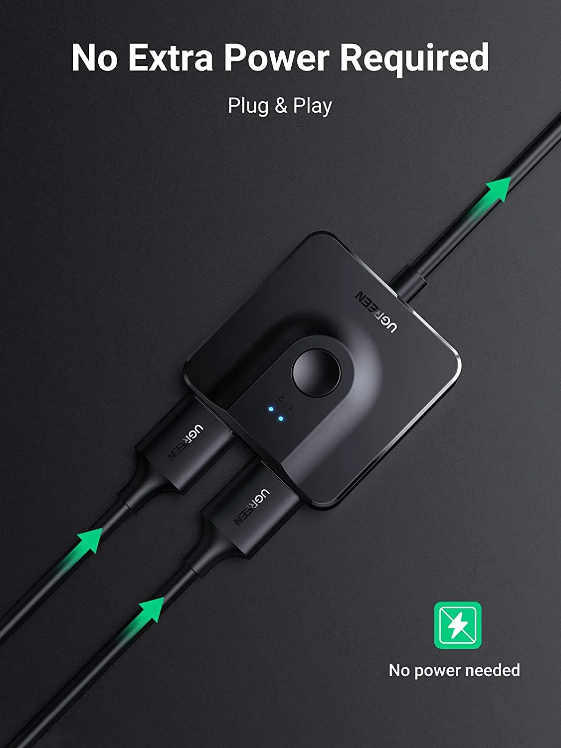 UGREEN HD-MI 스위치 4K@60Hz (3.3피트 HD-MI 케이블 포함) 양방향 분배기 2입력 1출력 HD-MI 스위처 박스