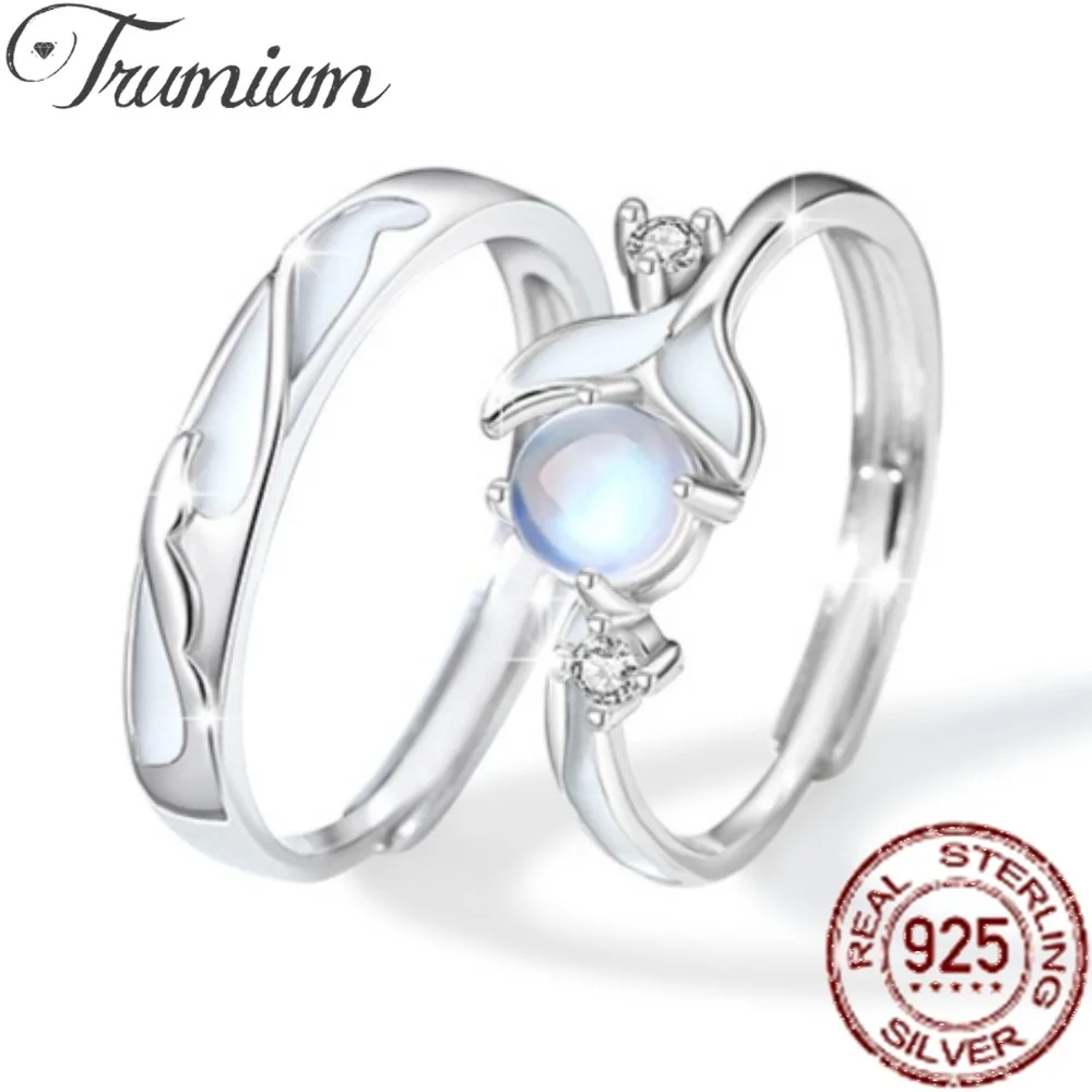 Trumium 925 Sterling Silver Glowing Moonstone Fishtail Couple Rings, Adjustable Matching Promise Rings for Men Women Lovers