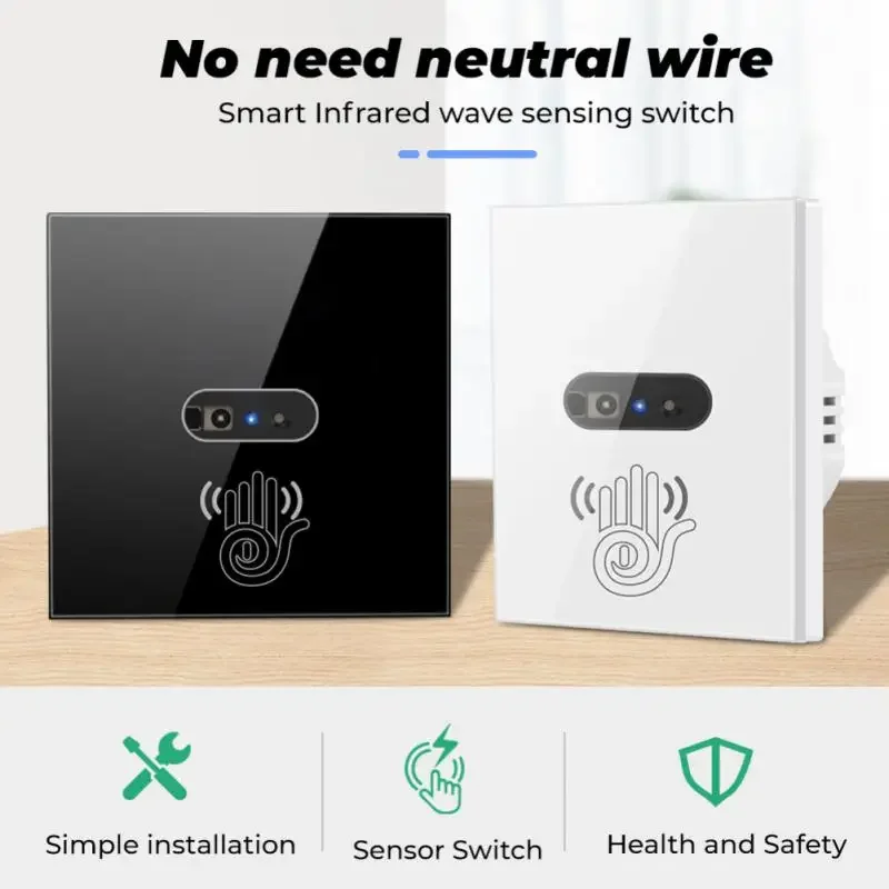 Smart Wall Switch for Home, EU Infrared Sensor, No Neutral Wire, Touchless Tempered Glass Panel, Electrical Power On and Off, Sm