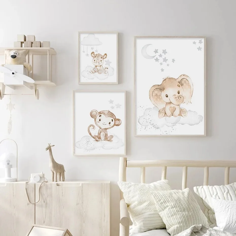 Cartoon Löwe Elefant afrikanische Tiere Wolken Kinderzimmer Poster Druck Leinwand Malerei beige Wand kunst Bild Baby Schlafzimmer Wohnkultur