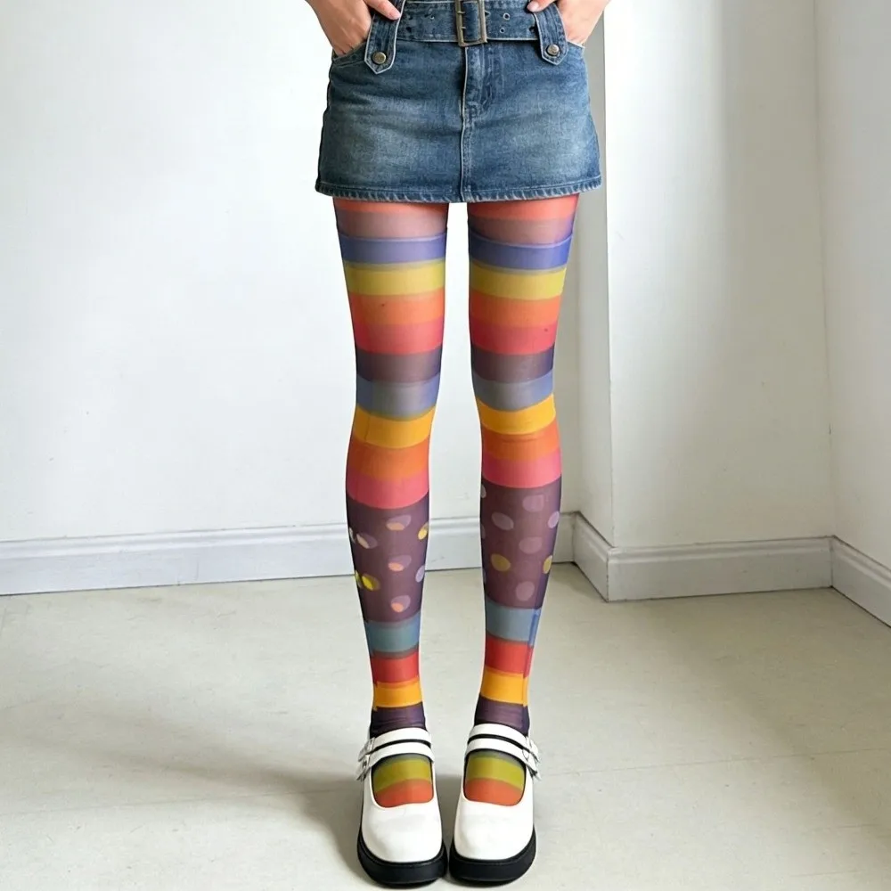 

Funny Seamless Rainbow Pantyhose Elastic Breathable Colorful Stripes Stockings Y2K Leggings Gradient Color Tights Party