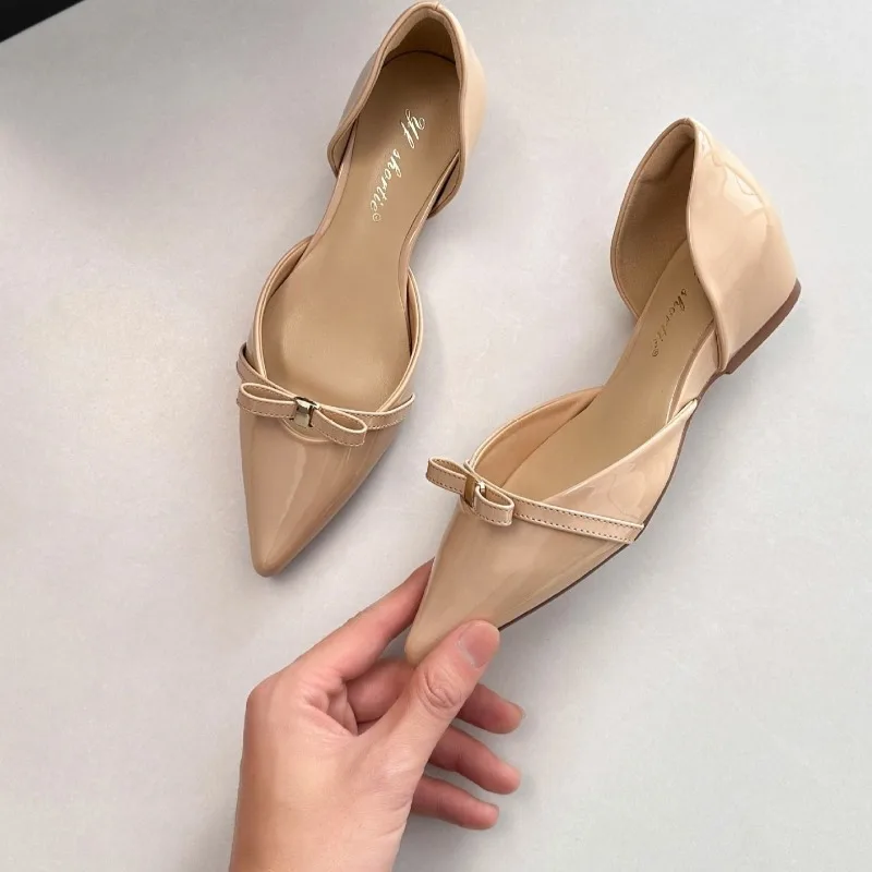 

2026 New Inner Heightened Bow Pointed Toe Hollow Sandals Women's Shallow Mouth Flat Single Shoes