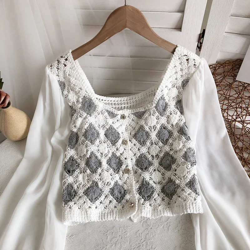Top all'uncinetto con maniche in chiffon Ricamo a rombi Collo quadrato Camicetta finta in due pezzi Primavera Estate Fairycore Cottagecore
