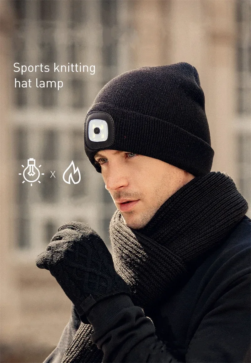 LED Beanie Hat with Light - Unisex Warm Winter Knitted Cap, USB Rechargeable Headlamp, Night Flashlight Function