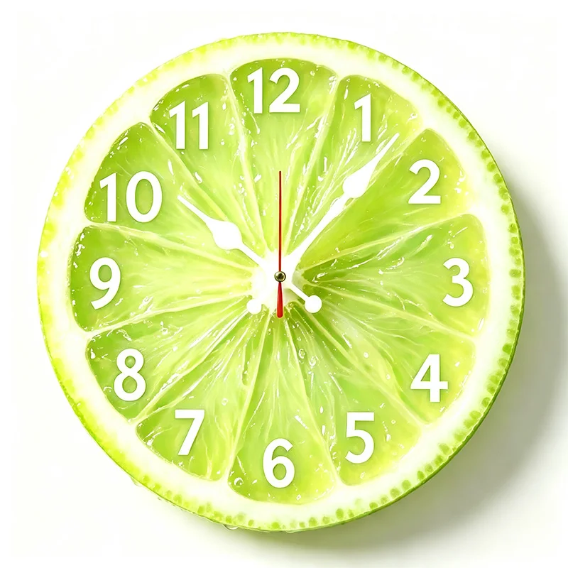 Round Green Lime Slice Wall Clock, Creative Citrus Fruit Silent Non Ticking Quartz Wall Watch, Fresh Green Fruit Art Decor Clock for Kitchen Dining Room Home Decoration