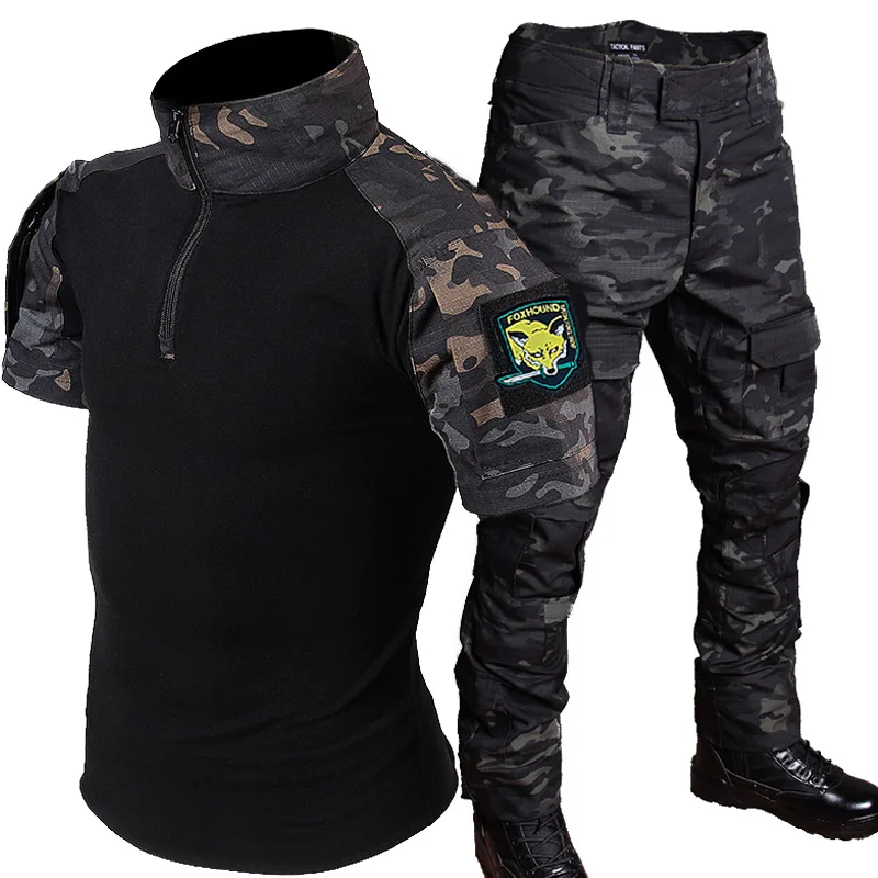 Summer Training Set Men\'s RU Camo Slim Short Sleeve T-shirt Multi-pocket Wear-resistant Cargo Trousers Male Outdoor Working Suit