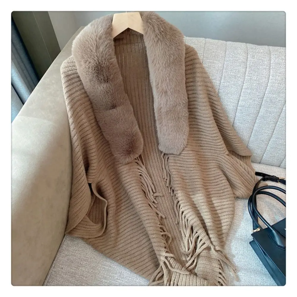 Knitting Thick Women\'s Loose Shawl with Faux Fur Collar for Evening Dresses Wedding Knitting Shawl Plush Wraps Cardigan Cape