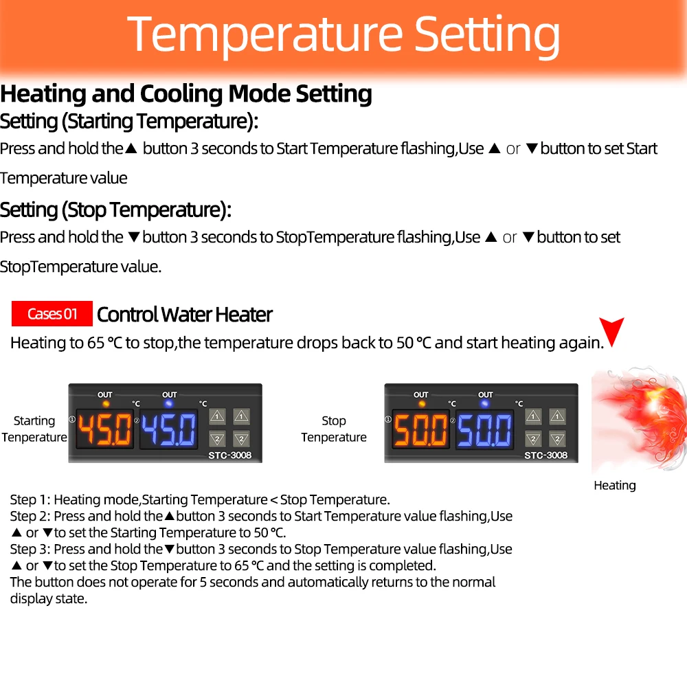 STC-3008 Digital Temperature Controller AC 110V 220V DC 12V 24V Hygrometer Sensor Heating Cooling Dual Relay Output Thermostat