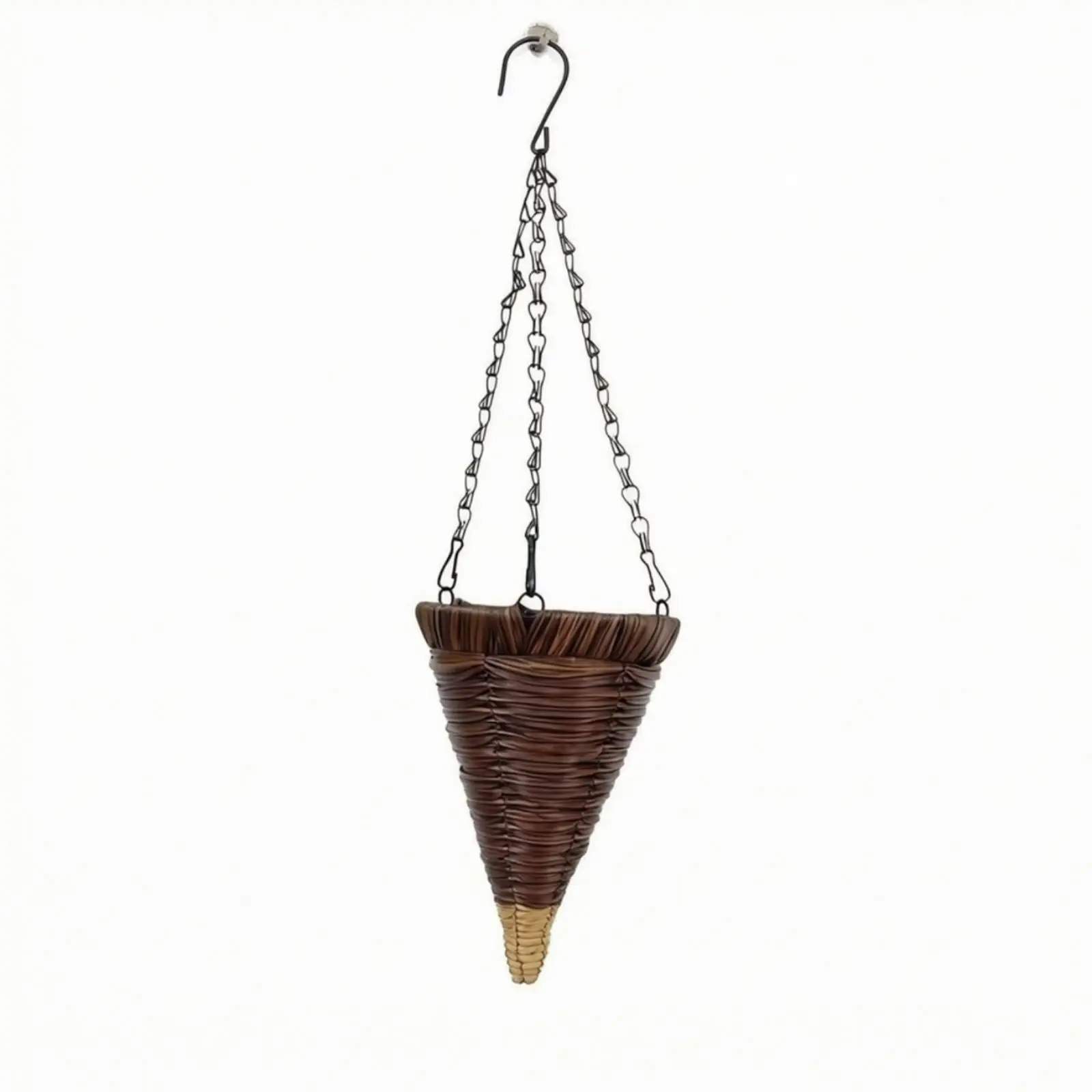 Decorative Wreath Cone Planter Woven Rattan Look with Sturdy Metal Chains Slim Hanging Basket Rustic Door Accent for Garden
