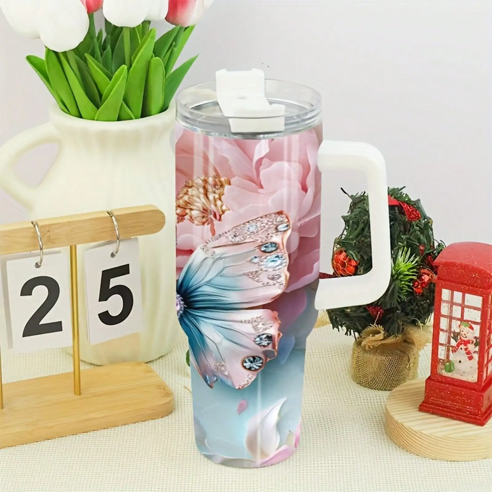 

1 Piece 40Oz Cup Stainless Steel Cup Jewelry Butterfly Dance Flowers Large Capacity Portable Sports Cup, Internal Insulation Double-Layer Vacuum Design, Leak-Proof, Compatible With Cup Rack, Suitable For Hot And Cold Drinks, CUP + Cup