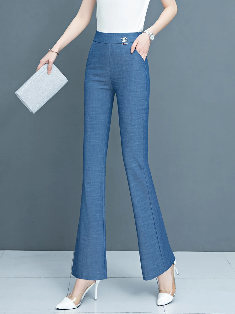 

Ice Silk Bell Bottom Jeans High Waist Nine Crop Thin Ladies Summer Casual Style Polyester Viscose Spandex Blend