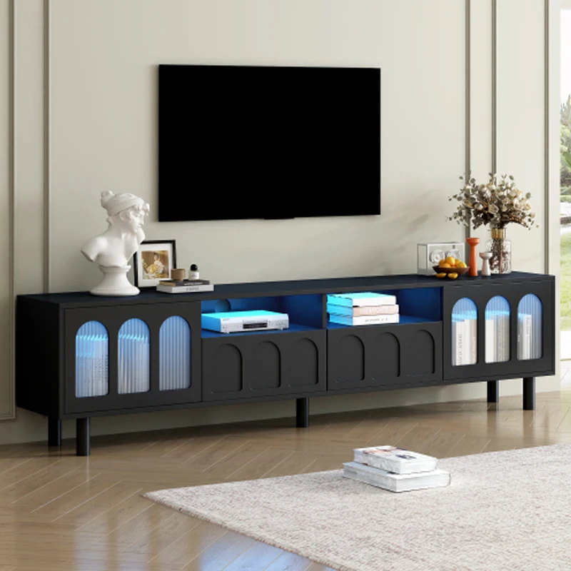 ON-TREND Soporte para TV estilo crema con tira de luz LED para televisores de hasta 80'', elegante centro de entretenimiento con 5 patas de madera maciza