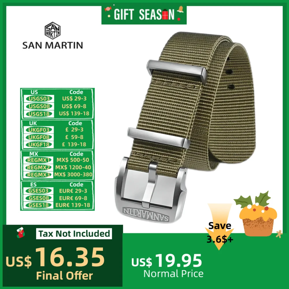 San Martin Military Nylon Strap 20mm Sports Watchband Paratrooper Watch Bands Comfortable Universal High Quality Durable BD0005