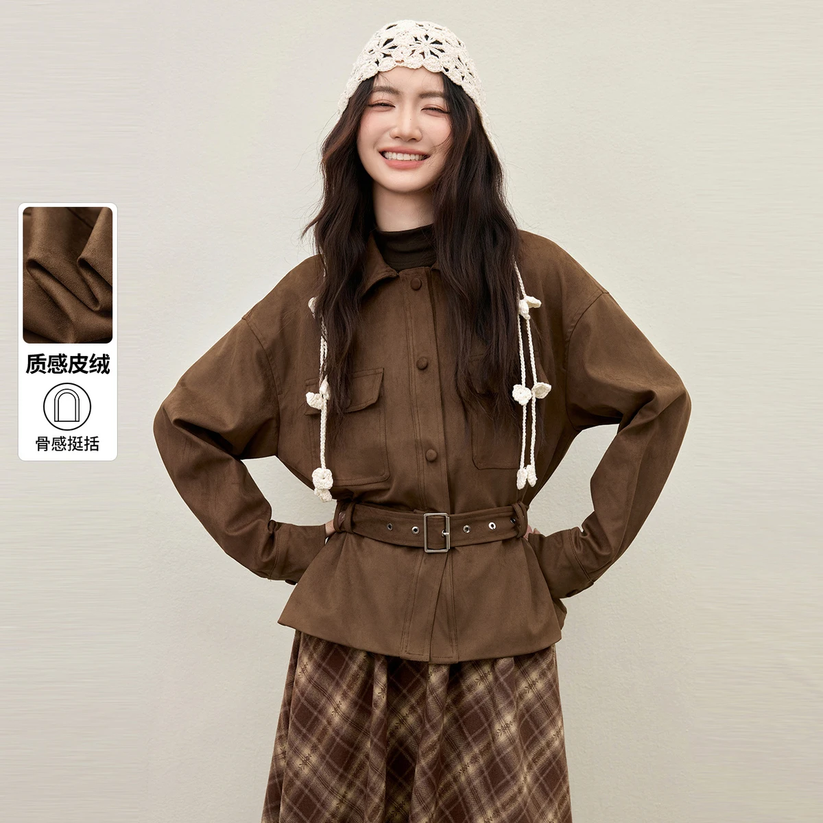 SENTUBILA-abrigo de invierno Vintage para mujer, chaquetas de piel sintética con cinturón desmontable, cuello de solapa, ropa de abrigo para mujer 154WB4865