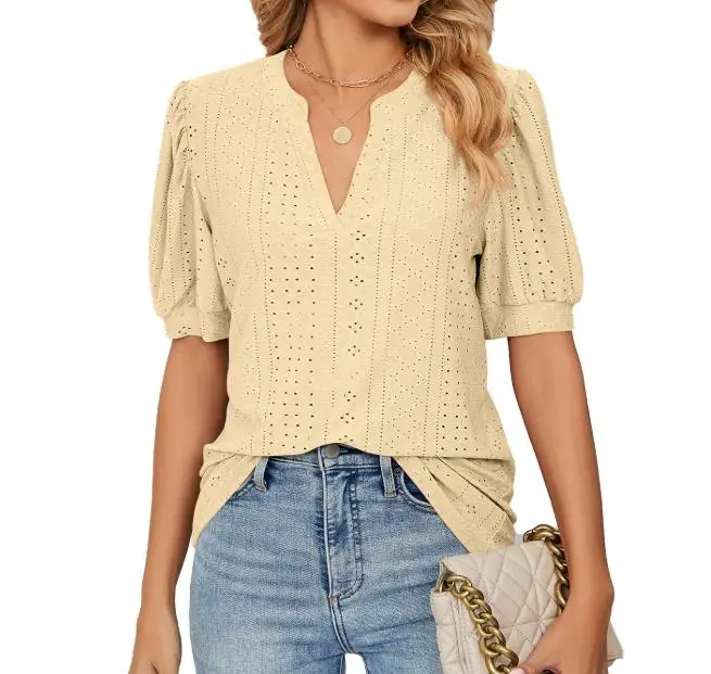 2025 Camiseta holgada informal de verano con cuello en V y manga de burbuja hueca de Color sólido para mujer