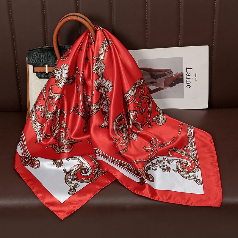 レトロプリント 90 センチメートル正方形シルクスカーフ女性ネッカチーフ女性ショール新しいヘッドバンドヘアバンドスカーフヒジャーブラップバンダナ高級
