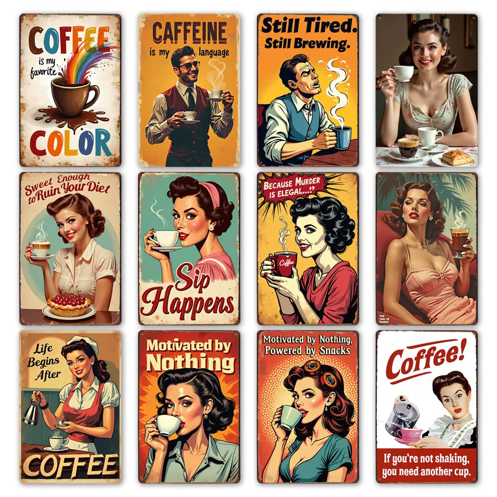 Retro Coffee Poster Metal Cafe Sign Vintage Wall Art Decor Man Cave Kitchen Decorative Dining Room Home Decor