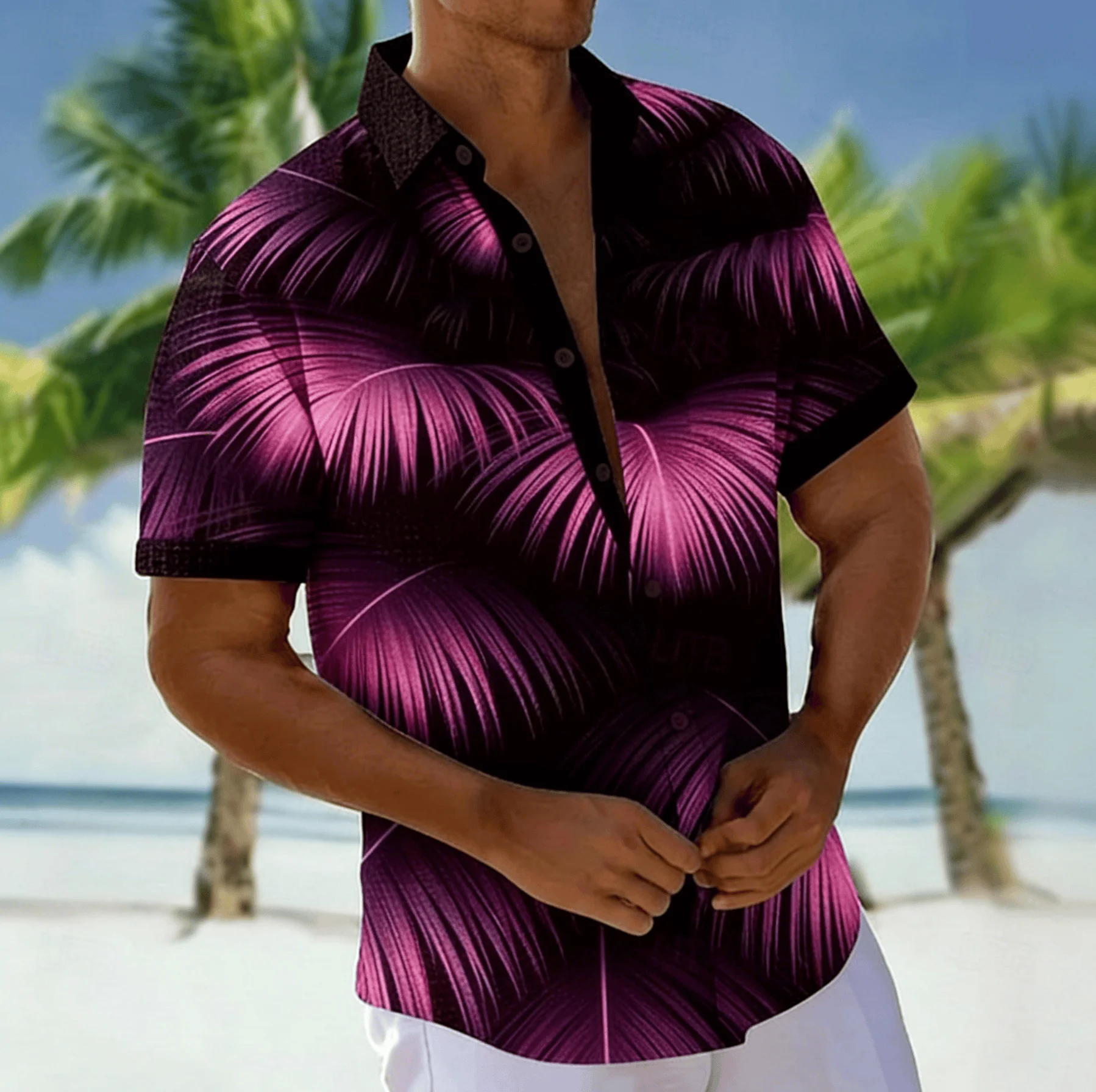 Men's Black Palm Leaf Print Short Sleeve Shirt, Spring Summer Tropical Hawaiian Vacation Blouse, Loose Casual Top