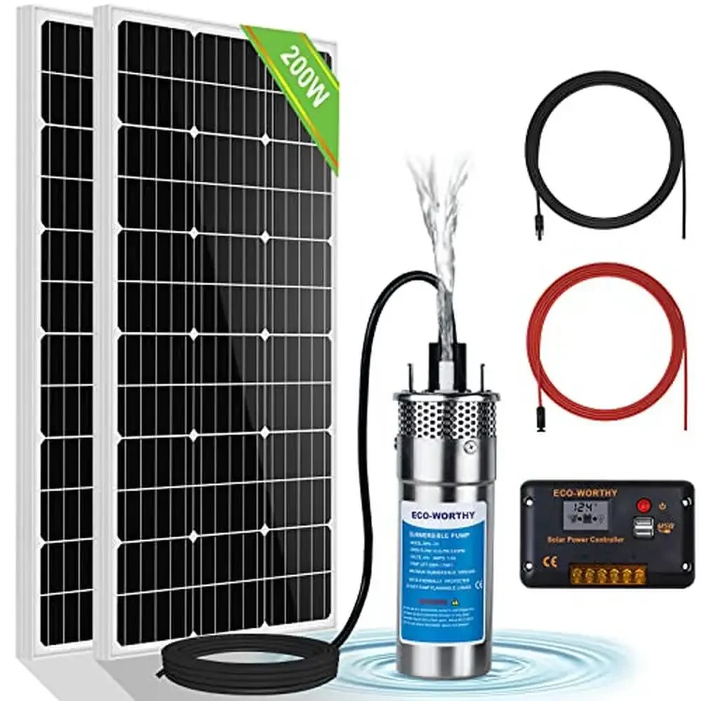 12V Solar Deep Well Pump System with 2pcs 100W Monocrystalline Solar Panel 20A Controller 16.4ft Cable Garden Farm Irrigation