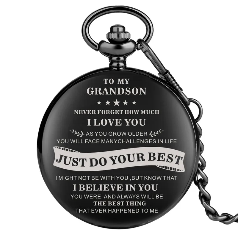 Antique Black Pocket Watch To My Grandson i Love You Boy Men Quartz Analog Clock with Pendant Chain Fob Watch Gift To Kids