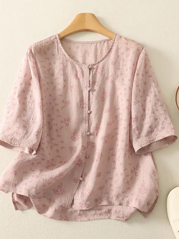 Cardigan F de Verão em Aodão e Linho com Gola Redonda e Manga Curta, Estampa Floral, Ajuste Solto, Manga Regular, Ma...