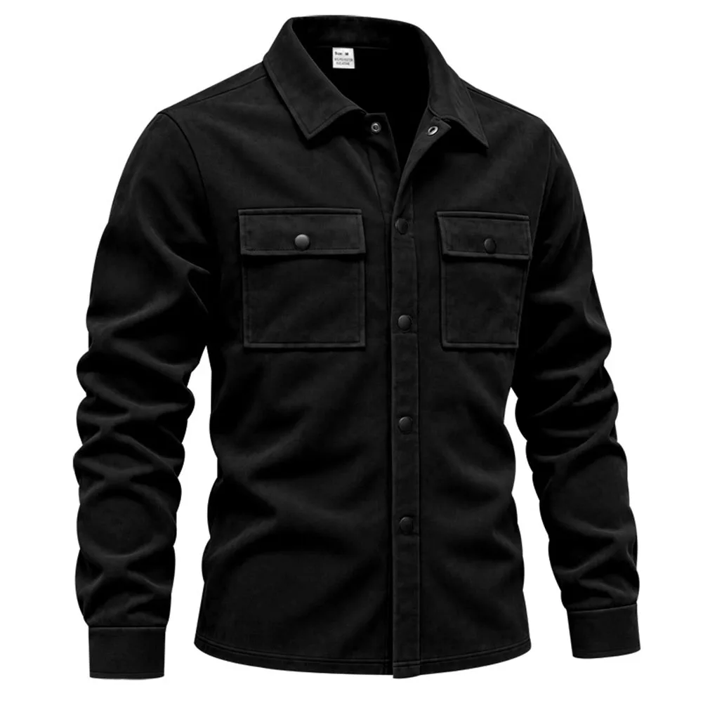 Mens Suede Shirt Casual Button Down Long Sleeve Lapel Collar Tops Streetwear Commuting Long-sleeved Jacket Shirt Men