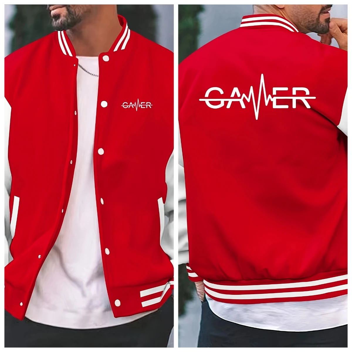 

Men's Lightweight CAER Letter Printed Baseball Jacket with Red and White College Style Pockets Regular Edition Casual Jacket
