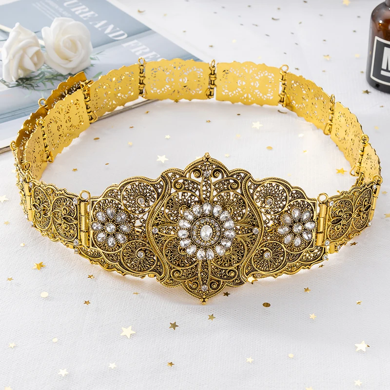 Ceinture en cristal pour robe de mariée de style caucasien pour femme, bijoux de corps, longueur réglable, argent et or, document, ventre en métal, JOFor